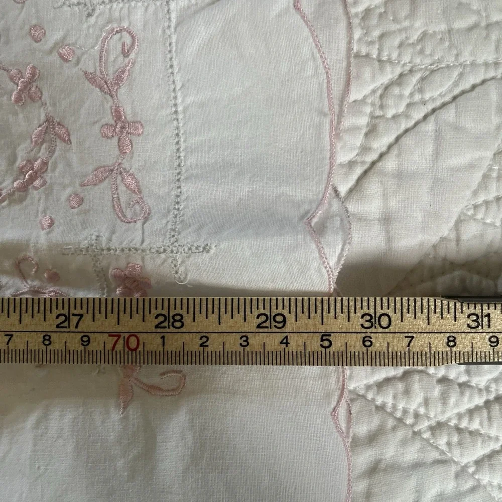 Vintage Hand Embroidered Cotton One Pillowcase Pink Flowers‎ Floral Ring Scroll